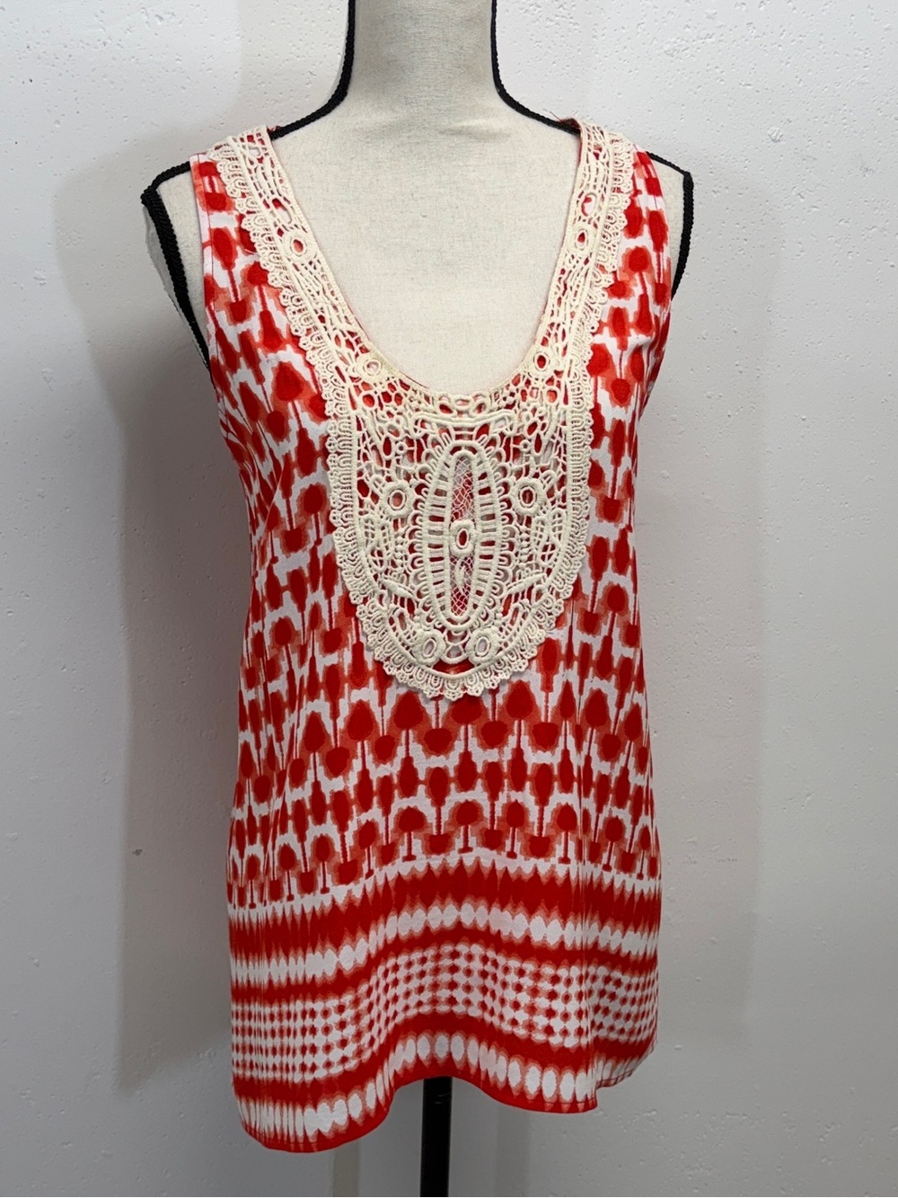 Sleeveless Crochet-Trim Red & White Tunic Top